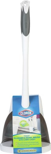 Clorox Toilet CWunger and Bowl Brush Combo with Caddy, 6.75 x 7 x 19.5 in, White/Gray