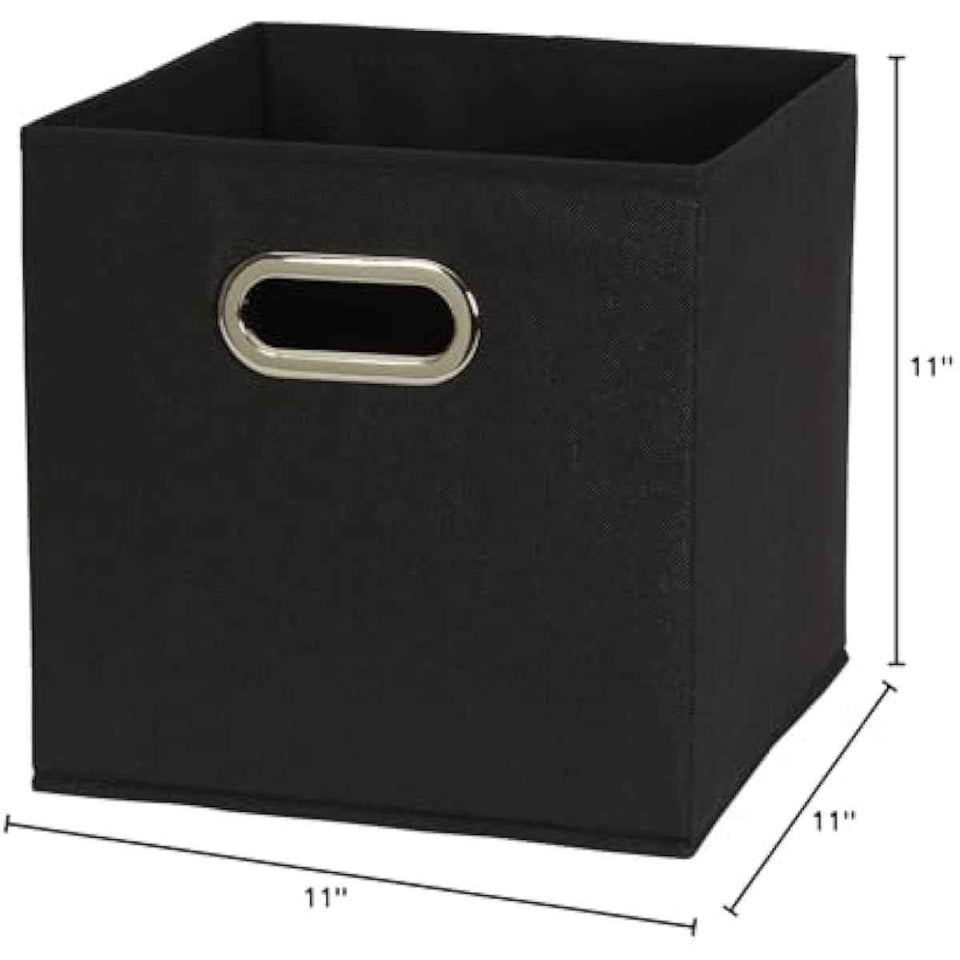 Household Essentials Foldable Fabric Storage Bins 6 Piece Set, Strong Poly-Woven Fabric, Sturdy Chipboard Sides, Grommet Front Handle, Stackable and Foldable, Classic Design, Black
