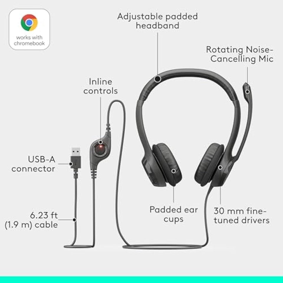 Logitech H390 black stereo wired headset with noise cancelling mic for PC, laptop, Chromebook