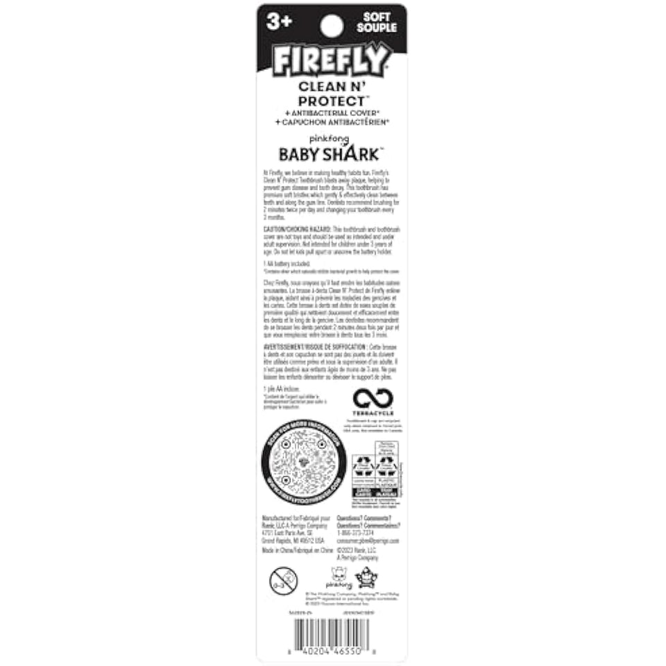 Firefly Clean N' Protect Baby Shark Toothbrush with soft bristles and anti-slip grip handle, battery included, ages 3+
