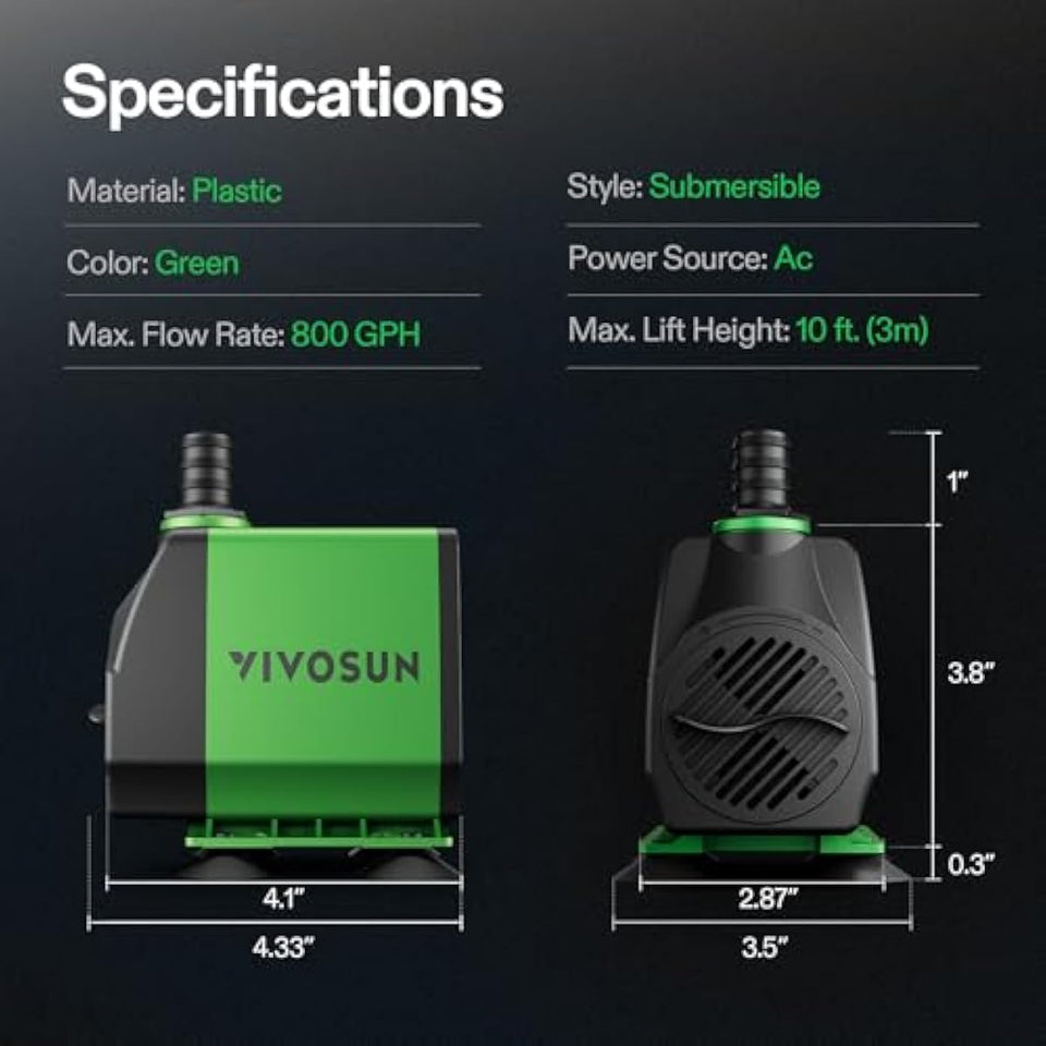 VIVOSUN 800GPH Submersible Pump(3000L/H, 24W), Ultra Quiet Water Fountain Pump with 10ft. High Lift with 6.5ft. Power Cord, 3 Nozzles for Fish Tank, Pond, Aquarium, Statuary, Hydroponics Green