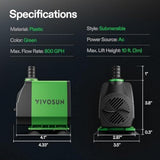 VIVOSUN 800GPH Submersible Pump(3000L/H, 24W), Ultra Quiet Water Fountain Pump with 10ft. High Lift with 6.5ft. Power Cord, 3 Nozzles for Fish Tank, Pond, Aquarium, Statuary, Hydroponics Green