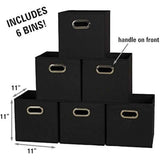 Household Essentials Foldable Fabric Storage Bins 6-Piece Set | Sturdy Chipboard Sides, Grommet Front Handle, Stackable and Foldable, Classic Black Design