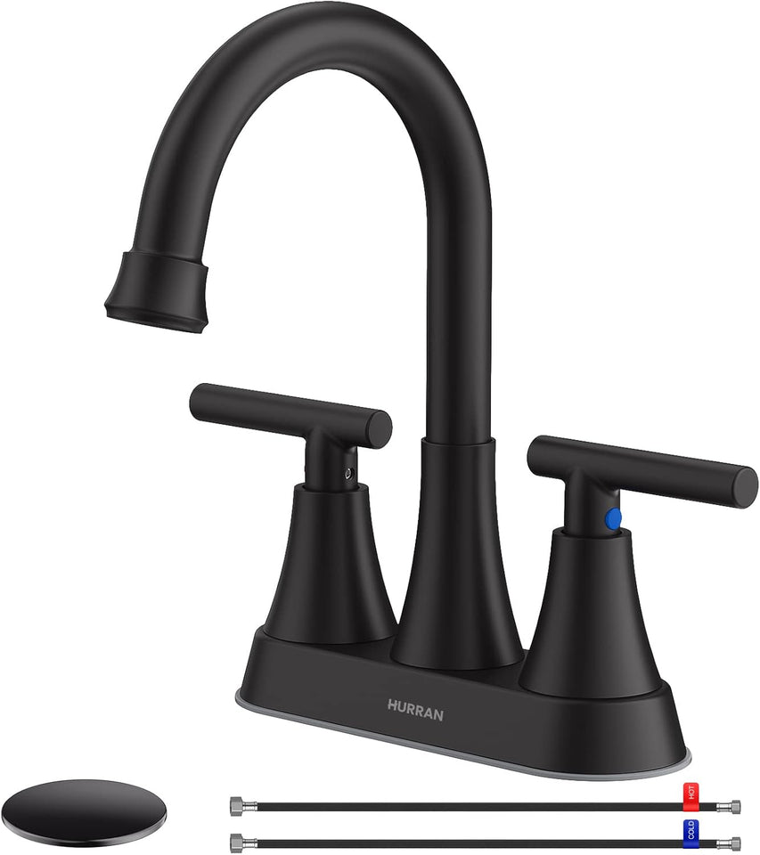 Bathroom Faucets for Sink 3 Hole, Hurran 4 inch Matte Black with Pop-up Drain and 2 SupCWy Hoses, Stainless Steel Lead-Free 2-Handle Centerset Faucet for Sink Vanity