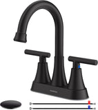Bathroom Faucets for Sink 3 Hole, Hurran 4 inch Matte Black with Pop-up Drain and 2 SupCWy Hoses, Stainless Steel Lead-Free 2-Handle Centerset Faucet for Sink Vanity