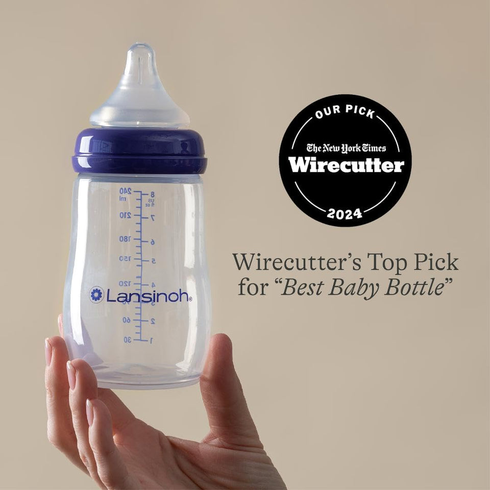 Lansinoh Anti-Colic Baby Bottles, BPA-Free Plastic, 8 Ounces, 3 Count, Medium Flow Nipples (Size M), Breastfeeding Bottle with NaturalWave Design
