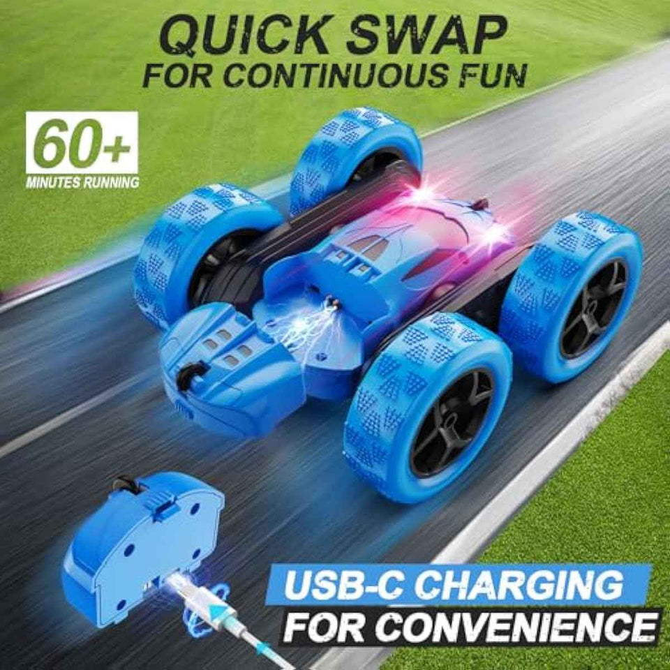 Remote Control Car, RC Cars Toys for Kids Ages 6-12, 4WD Stunt Car with LED Lights & 360° Flips, 2.4GHz, Upgraded USB-C Modular Batteries, 8-10 Year Old Boys Birthday Gift 1-Blue