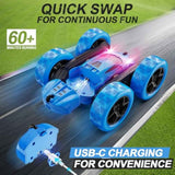 Remote Control Car, RC Cars Toys for Kids Ages 6-12, 4WD Stunt Car with LED Lights & 360° Flips, 2.4GHz, Upgraded USB-C Modular Batteries, 8-10 Year Old Boys Birthday Gift 1-Blue