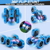 blue remote control car, 4wd stunt car with led lights & 360° flips, 2.4ghz, upgraded usb-c modular batteries for kids ages 6-12