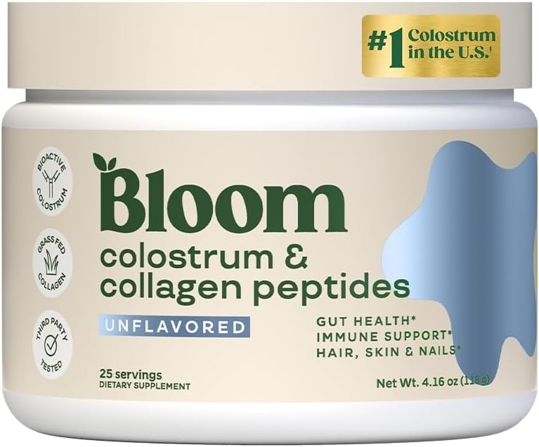 Bloom Nutrition Bovine Colostrum Powder with Vitamin B-12 for Gut Health, Immune Support, Hair Growth & Beauty Supplement | Unflavored, 25 Servings