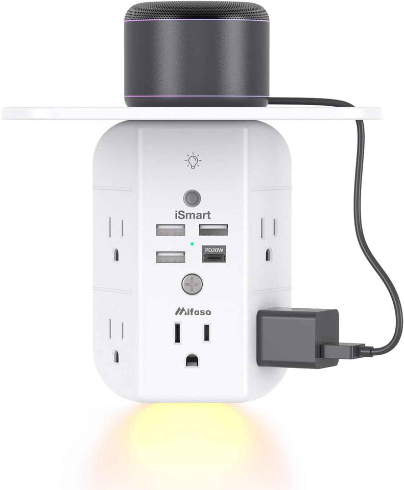 Mifaso 3-Sided Multi Plug Power Strip, Wall Extender with Shelf, Night Light & Surge Protector, USB Wall Charger with 5 AC Wide Space Outlets and 3 USB & 1 C Port, White