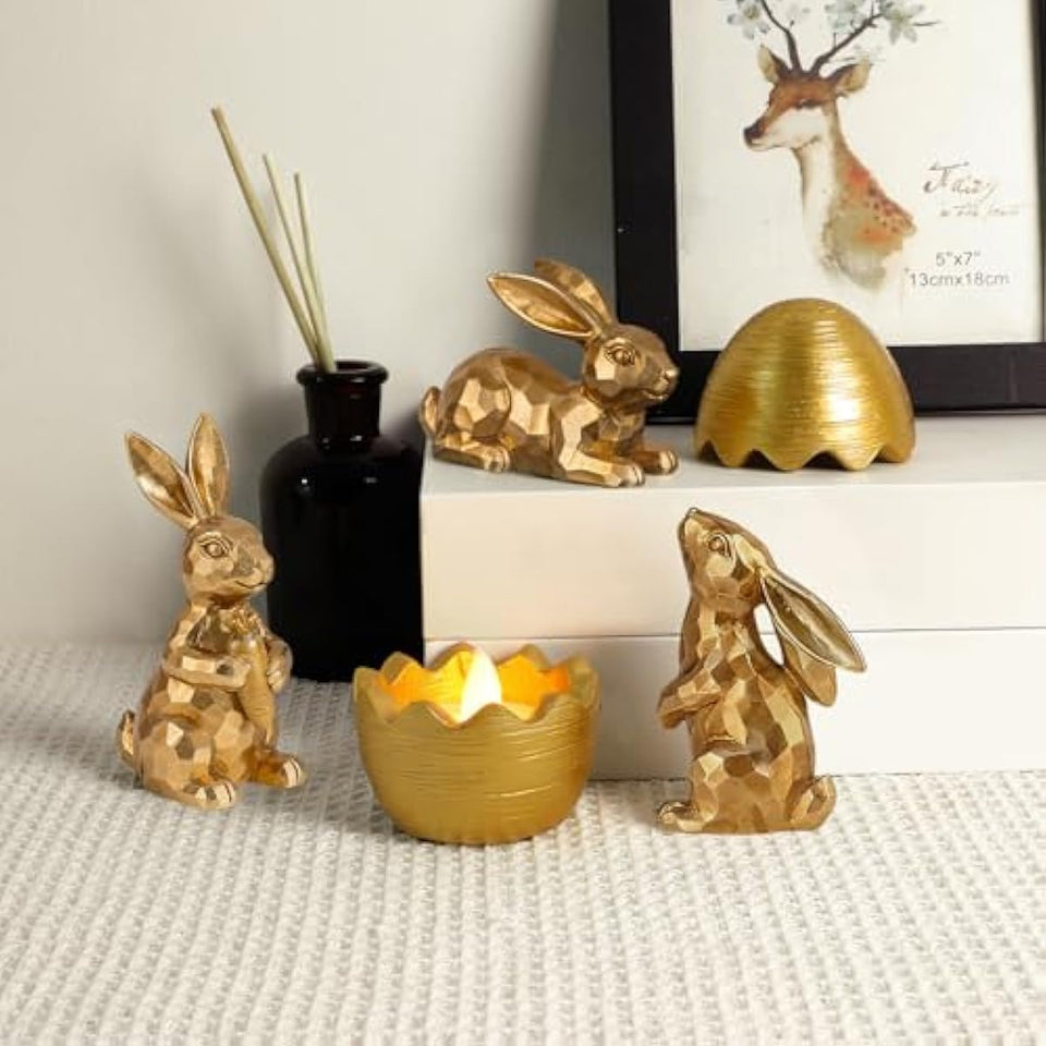Easter Bunny Gold Bunny Figurines, 4PCS Spring Decors Easters Centerpieces for Tables Sculptures Home Decors, Easter Decorations for Home