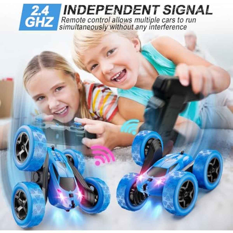 blue remote control car, 4wd stunt car with led lights & 360° flips, 2.4ghz, upgraded usb-c modular batteries for kids ages 6-12