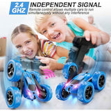 Remote Control Car, RC Cars Toys for Kids Ages 6-12, 4WD Stunt Car with LED Lights & 360° Flips, 2.4GHz, Upgraded USB-C Modular Batteries, 8-10 Year Old Boys Birthday Gift 1-Blue