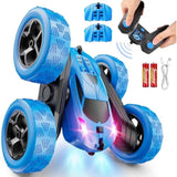 blue remote control car, 4wd stunt car with led lights & 360° flips, 2.4ghz, upgraded usb-c modular batteries for kids ages 6-12
