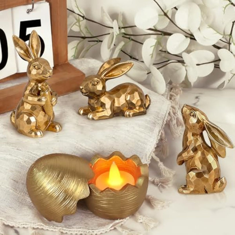 Easter Bunny Gold Bunny Figurines, 4PCS Spring Decors Easters Centerpieces for Tables Sculptures Home Decors, Easter Decorations for Home