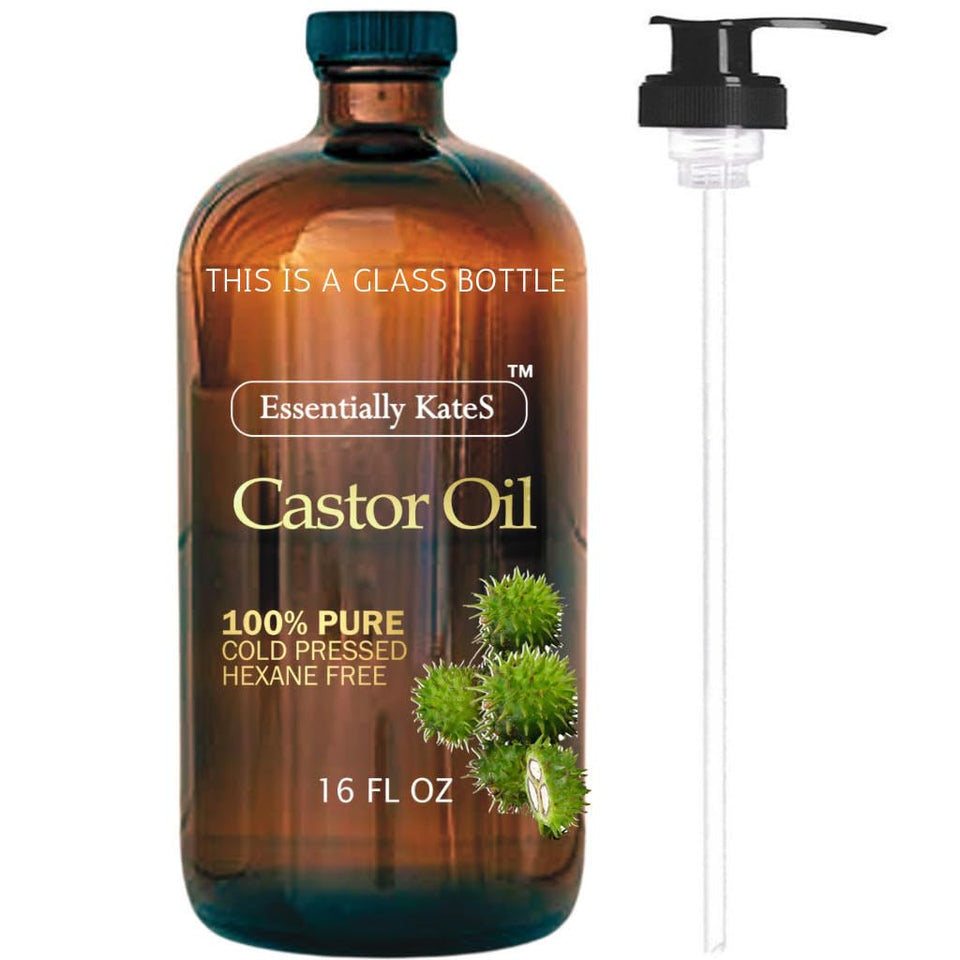 Essentially KateS Castor Oil 16 Fl Oz (Glass Bottle) - Original - A Huge Glass Bottle with a CWmp - 100% CWre and Natural, Cold Pressed, and Hexane-Free - Hair and Body