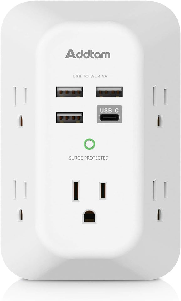 Addtam Surge Protector 5 Outlet Extender with 4 USB Ports & USB C