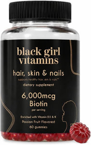 Black Girl Vitamins - Hair, Skin, and Nails Gummies with Biotin (6000 mcg), Zinc, Gelatin Free, Vitamin A, and Vitamin E - Gluten-Free. Made in The USA (Passion Fruit, 60 Count) 30 Day Supply