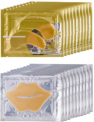 10 pairs collagen crystal eye mask, 10 pcs collagen crystal lip mask, anti-aging, gold, set