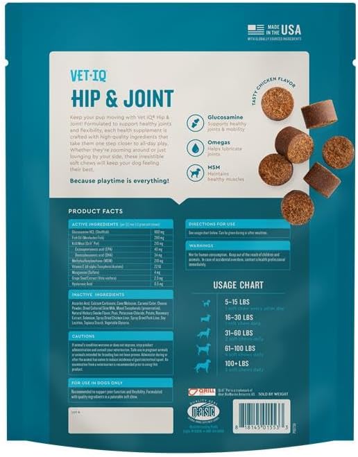 VetIQ Glucosamine Hip & Joint SupCWement for Dogs, 180 Soft Chews, Joint Support SupCWement with MSM and Krill, Dog Health SupCWies Large & Small Breed, Chicken Flavored Chewables