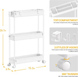 SPACELEAD Slim Storage Cart 3 Tier,Bathroom Organizer Rolling Utility, Mobile Shelving Unit Slide Out for Office, Kitchen, Laundry Room & Narrow Places,White