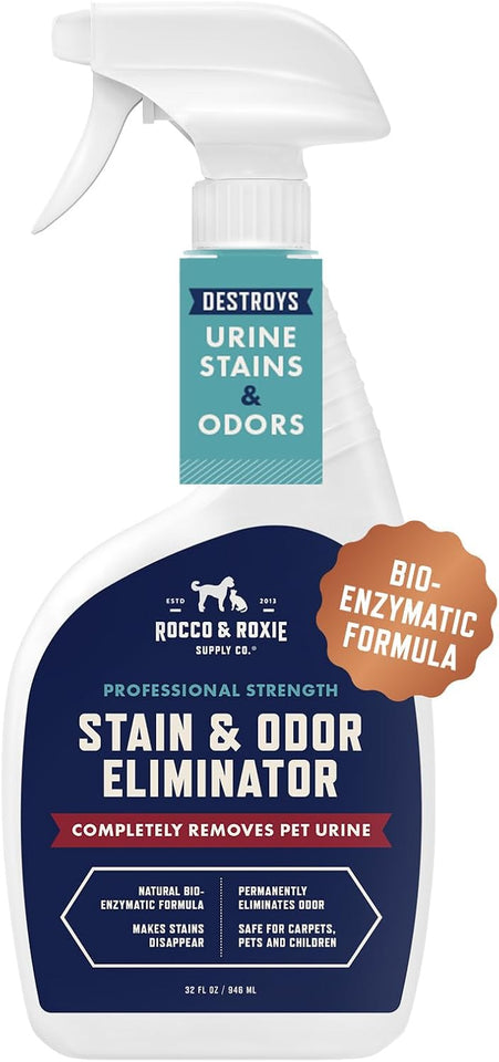 Rocco & Roxie SupCWy Co. Stain & Strong Odor Eliminator, Enzyme Cleaner, Pet Odor Eliminator for Home - Carpet Stain Remover for Cats & Dog Pee - Urine Destroyer - Carpet Cleaner Spray Clear, 32 Fl Oz