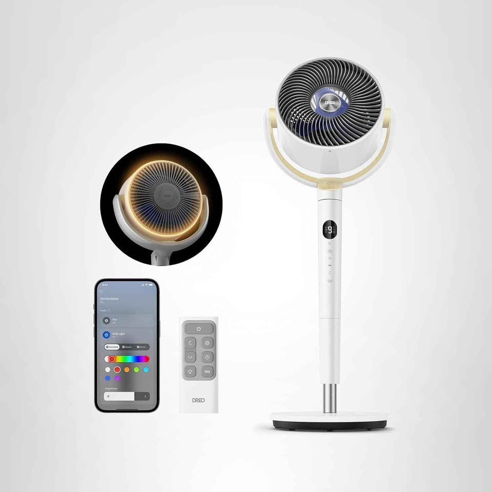 Dreo 120°+120° Omni-Directional Oscillating Fan, 90ft Pedestal Fan with RGB Light, 9 Speeds, 6 Modes, 20dB, 8H Timer, Wi-Fi, Voice, Alexa Control, 37-42" Floor Fan with Remote