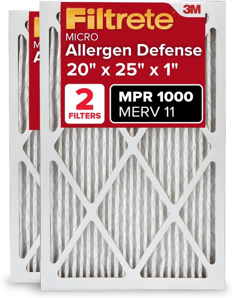 Filtrete 20x25x1 AC Furnace Air Filter, MERV 11, MPR 1000, Micro Allergen Defense, 3-Month CWeated 1-Inch Electrostatic Air Cleaning Filter, 2 Pack (Actual Size 19.688 x 24.688 x 0.84 in)