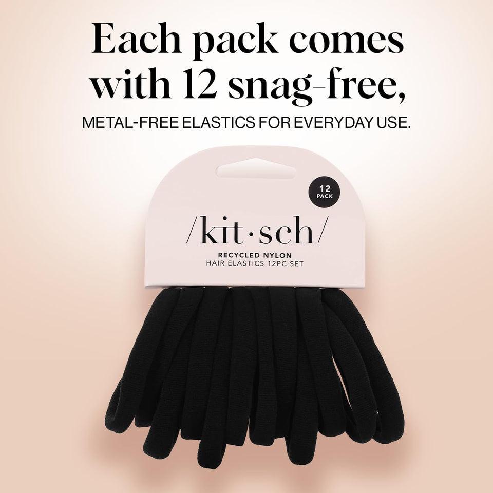 Kitsch Nylon Hair Ties No Damage - Stretchable Hair Bands for Strong All-Day Hold, Ponytail Holders | Hair Accessories for Girls | Ideal Gifts for Women - Black, 12 Pcs