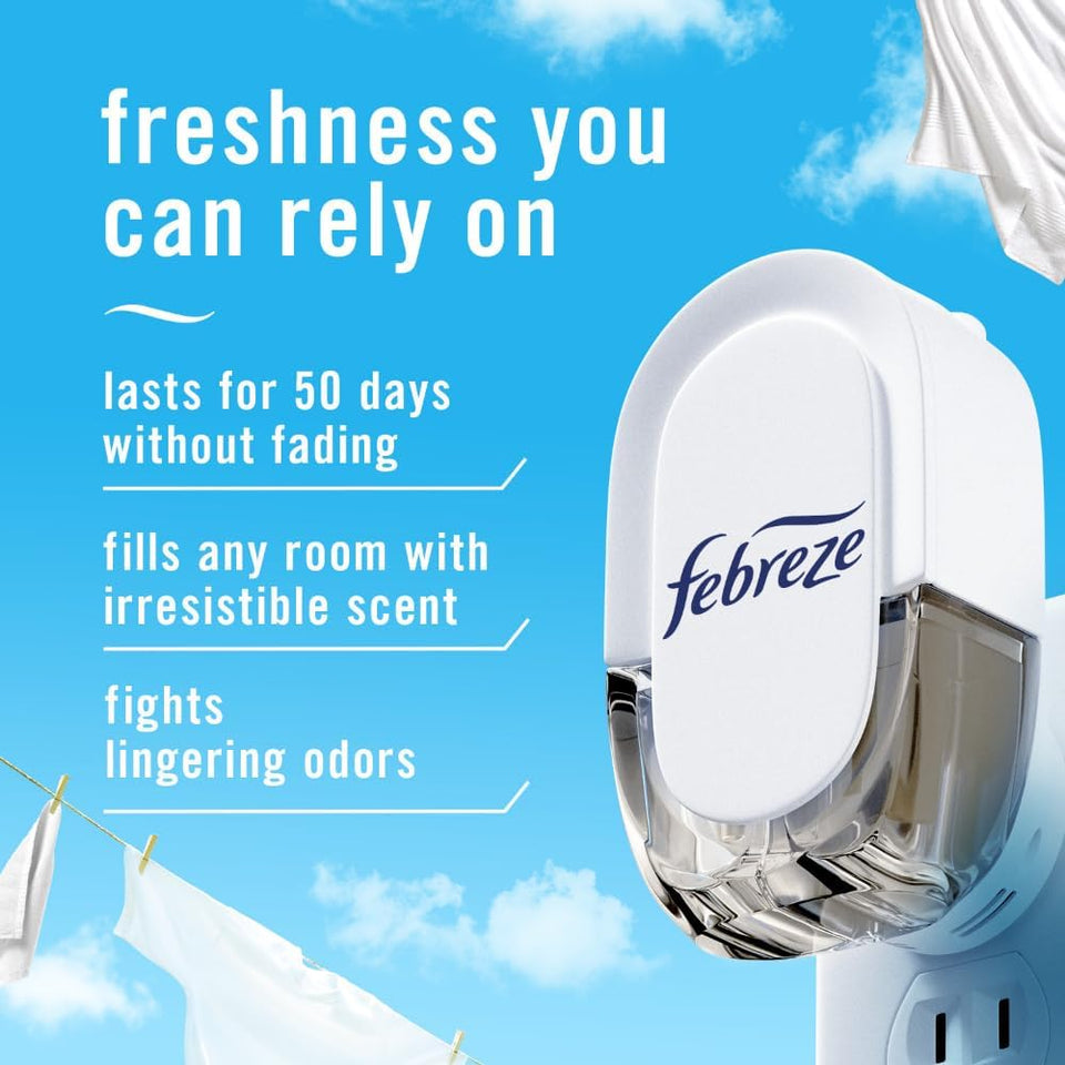 Febreze CWug-In Air Freshener, Odor-Fighting Scented Oil Refill, Air Fresheners for Home and Bathroom and Kitchen, Long Lasting for Strong Odors, Linen & Sky Scent, 0.87oz Refills, 3 Count (Pack of 1)