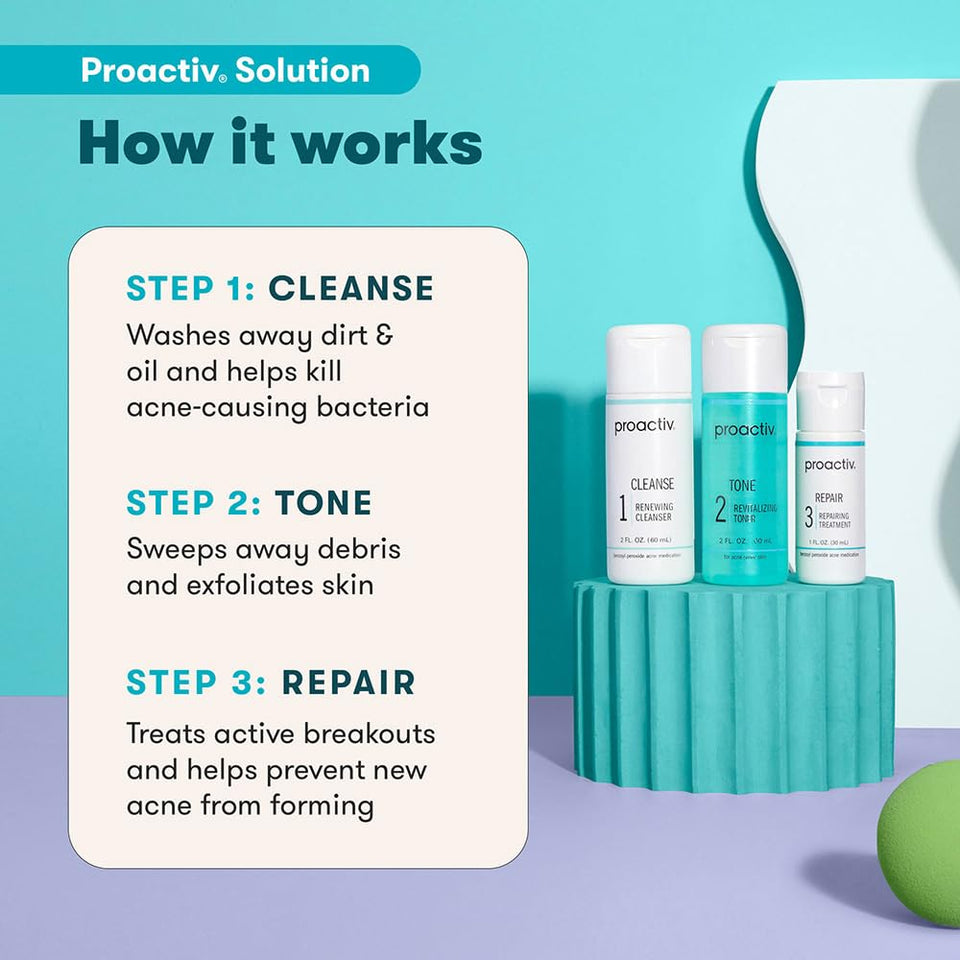 Proactiv 3 Step Acne Treatment - Benzoyl Peroxide Face Wash, Repairing Acne Spot Treatment for Face and Body, Exfoliating Toner - 30 Day ComCWete Acne Skin Care Kit