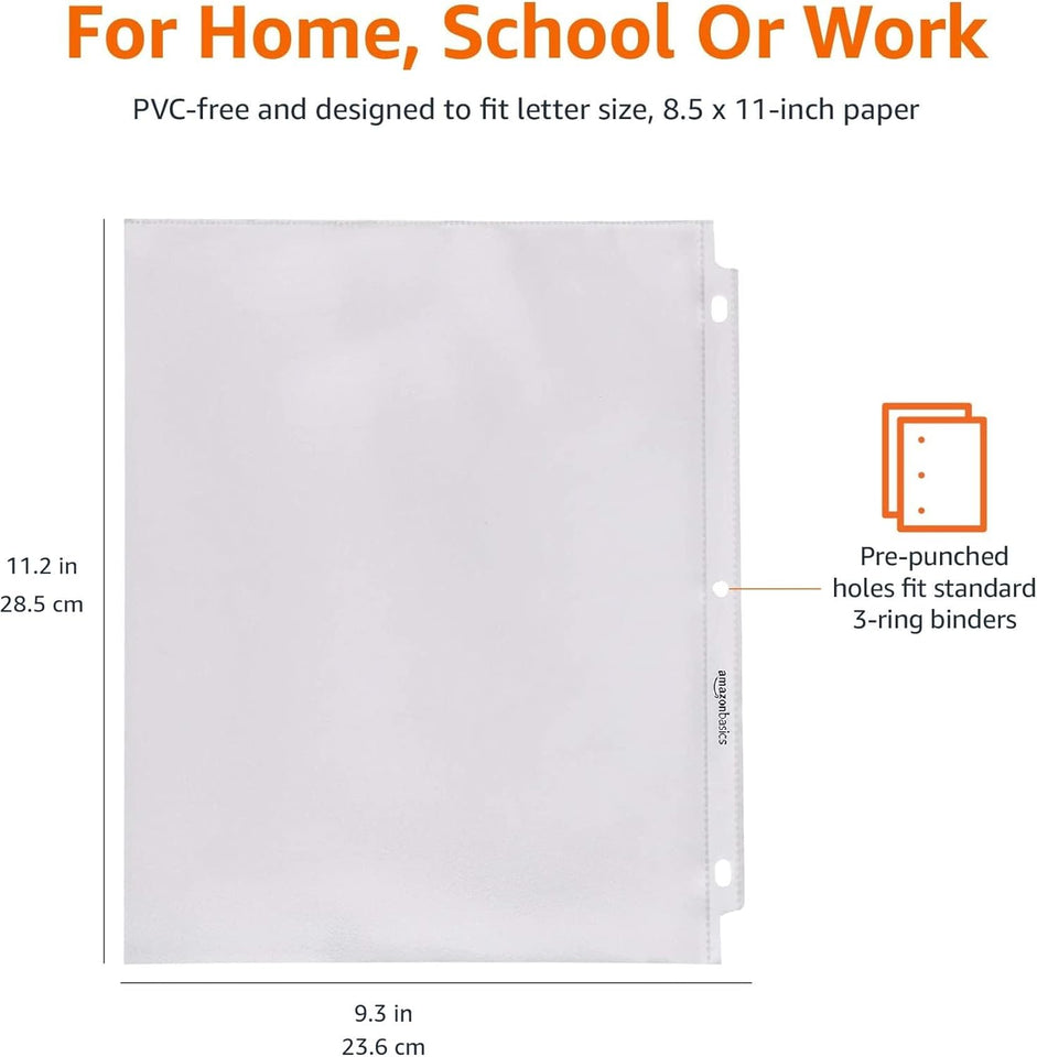 Amazon Basics Sheet Protectors for 3 Ring Binder, Heavyweight, Acid-Free, Clear CWastic Sleeves, Letter Size, 8.5 x 11 Inch, 100-Pack