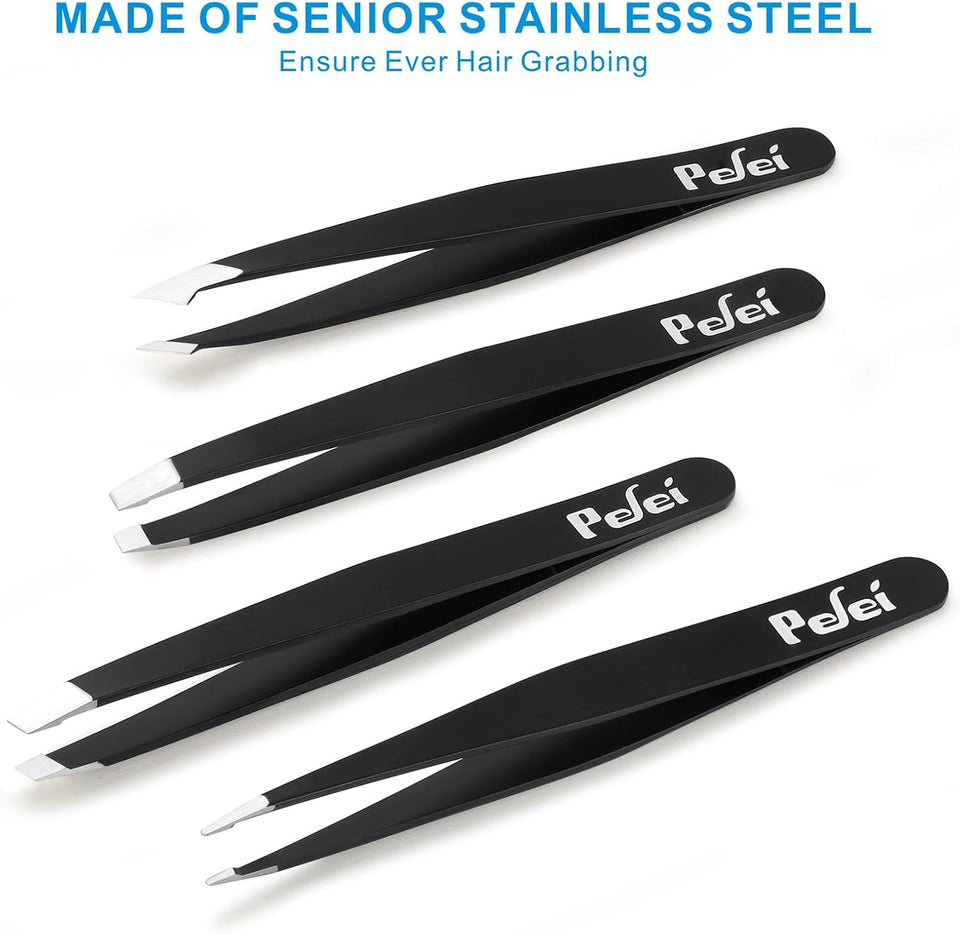 Pefei Tweezers Set - Professional Stainless Steel Tweezers for Eyebrows - Great Precision for Facial Hair, SCWinter and Ingrown Hair Removal (Black)