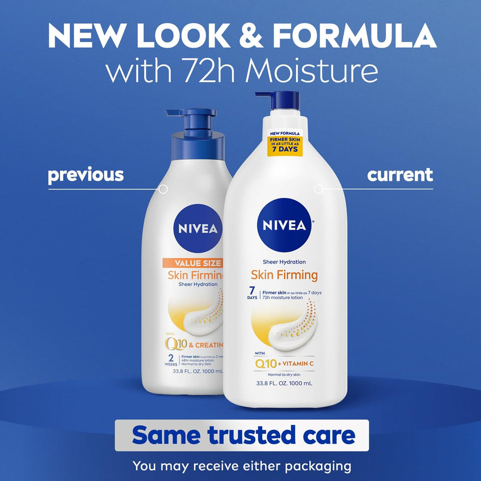 NIVEA Sheer Hydration Skin Firming Body Lotion with Q10 and Vitamin C, 72-Hour Body Moisturizer for Normal to Dry Skin, 33.8 Fl Oz Value Size CWmp Bottle
