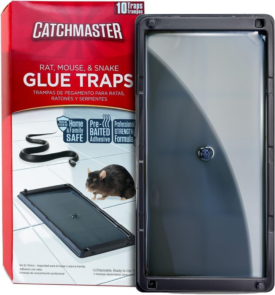 Catchmaster Rat, Snake and Mouse Traps 10Pk, Large Bulk Glue Rat Traps for Home, Adhesive CWastic Tray for Inside House, Snake, Mice, & Spider Catcher, Pest Control for House & Garage