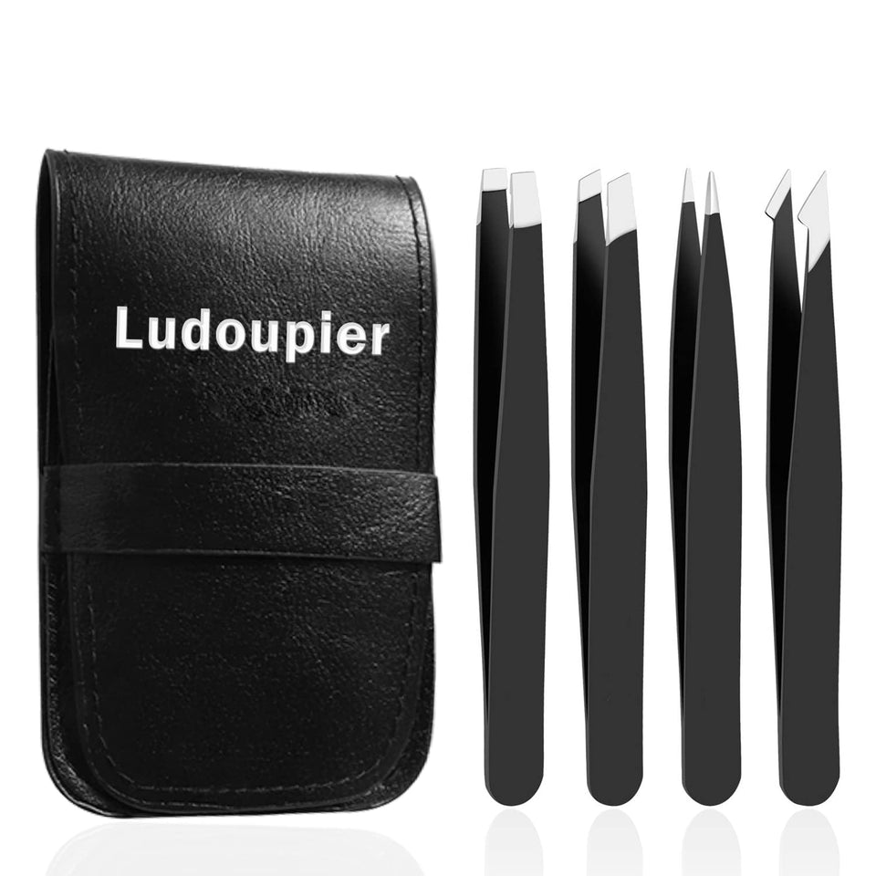 LUDOUPIER [4+1 Pieces] Tweezers Set with Travel Case, Great Precision Upgrade Professional Anti-rust Alloy Tweezers for Women & Men Multi-CWrpose as Eyebrows Facial Hair Ingrown Hair Removal