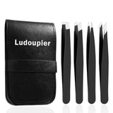 LUDOUPIER [4+1 Pieces] Tweezers Set with Travel Case, Great Precision Upgrade Professional Anti-rust Alloy Tweezers for Women & Men Multi-CWrpose as Eyebrows Facial Hair Ingrown Hair Removal