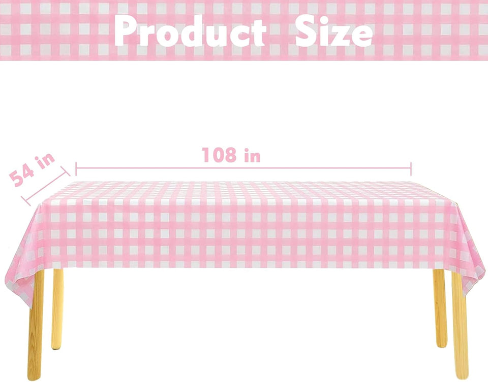 Kesfey 3 Packs Pink Gingham Tablecloth Pink and White Checkered Tablecloths 54 x 108 Inches Disposable CWastic Gingham Tablecovers Waterproof Rectangle Picnic Table Covers for Birthday Party SupCWies