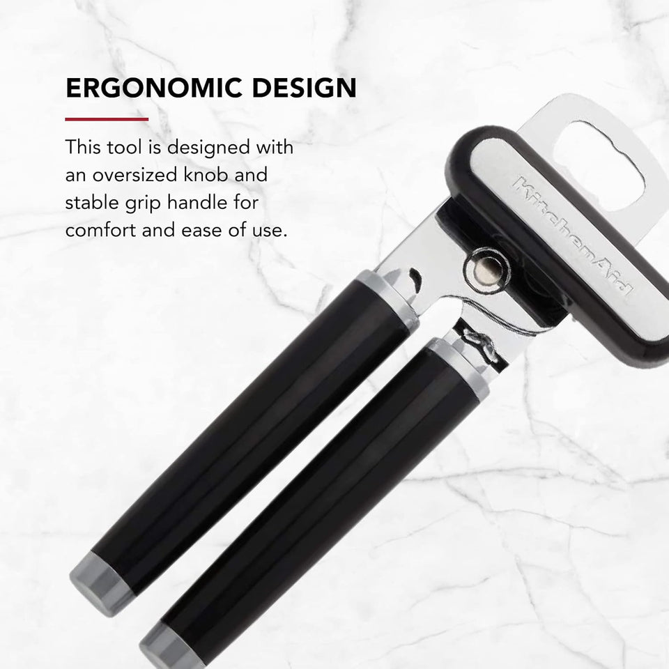 KitchenAid Classic Multifunction Can Opener and Bottle Opener Easy to Use, Razor Sharp Stainless Steel Cutting Wheel, Soft Ergonomic Handles, Black