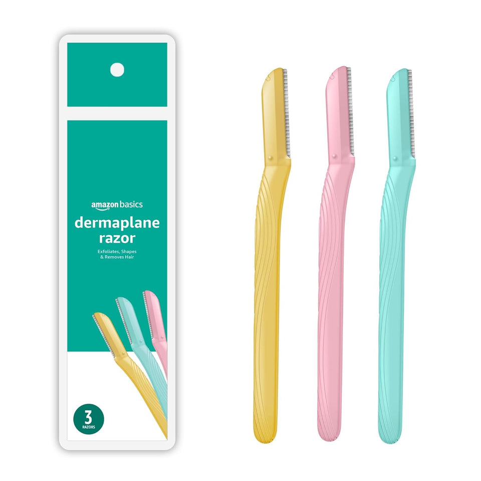 Amazon Basics Women's DermaCWaning Tool, Peach Fuzz Remover, Facial Hair Removal, Exfoliating Face Razor with Microguard Blade for Safe Eyebrow Shaping, Includes Blade Cover, Multicolor, 3 Count