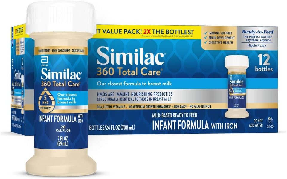 Similac 360 Total Care Infant Formula, Has 5 HMO Prebiotics, Our Closest Prebiotic Blend to Breast Milk, Non-GMO,‡ Baby Formula, Ready to Feed, 2-fl-oz Bottle, Pack of 12