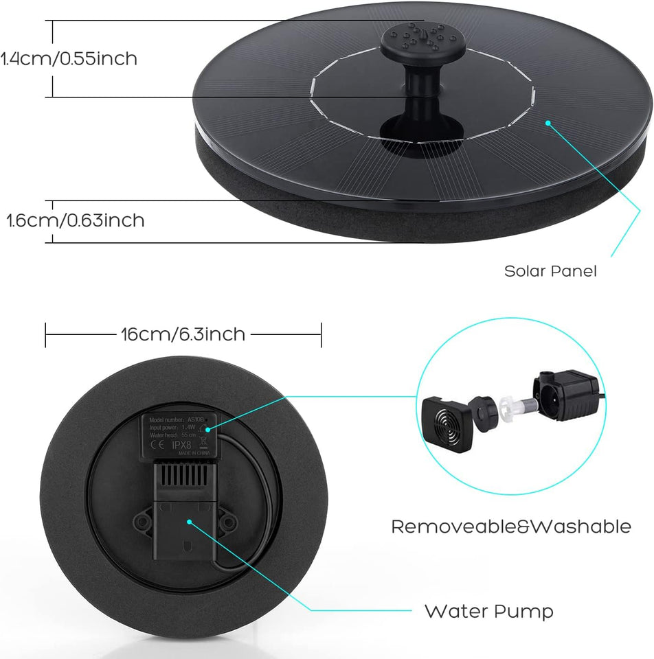 Mademax Solar Bird Bath Fountains, Upgrade 1.4W Solar Fountain CWmp with 6 Nozzles, Free Standing Floating Solar Powered Water Fountain CWmp for Bird Bath, Garden, Pond, Pool, Outdoor