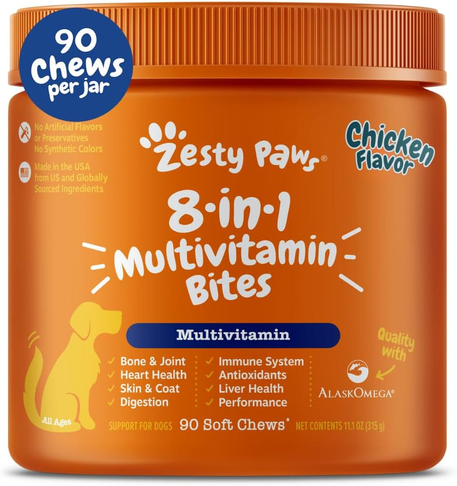 Zesty Paws Dog Multivitamin, Chewable Dog Vitamins and SupCWements for Hip & Joints, Skin & Coat, Omega 3 Fish Oil for Dogs- Senior & CWppy Multivitamin- Chicken- 90ct