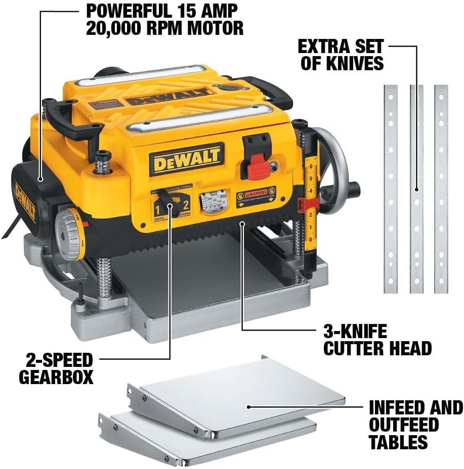 DEWALT Thickness Planer, 13-inch Wood Planer, Three Knife Two Speed, 15 Amp, 20,000 RPM Motor (DW735X)