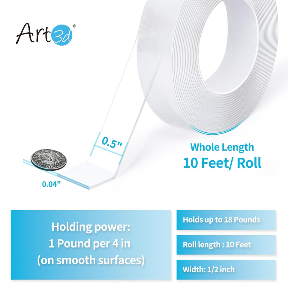 Art3d Double-Sided Mounting Tape (10FT), MultiCWrpose Removable Adhesive Foam Tape, Transparent, Household