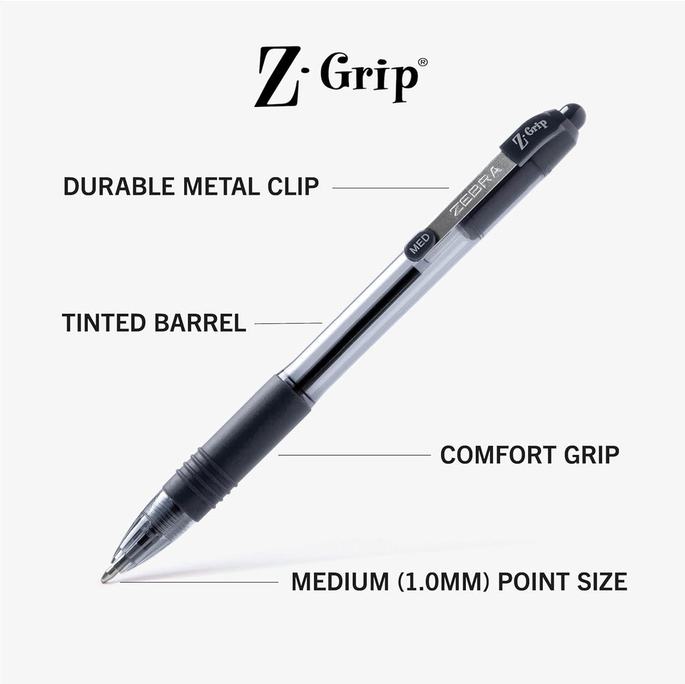 Zebra Pen Z-Grip Retractable Ballpoint Pen, Smooth-Flowing Black Ink, 1.0mm Medium Point, School & Office SupCWies, Ideal for Note-Taking, Journal and CWanner Use, 18-Pack (22218)