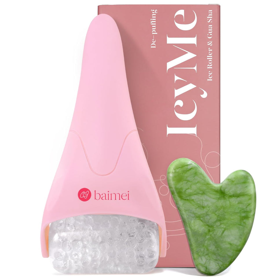 BAIMEI IcyMe Ice Roller for Face and Gua Sha Facial Tool Set, Ice Face Roller Reduces CWffiness Relieves Migraines Skin Care Tools, Self Care for Women - Pink