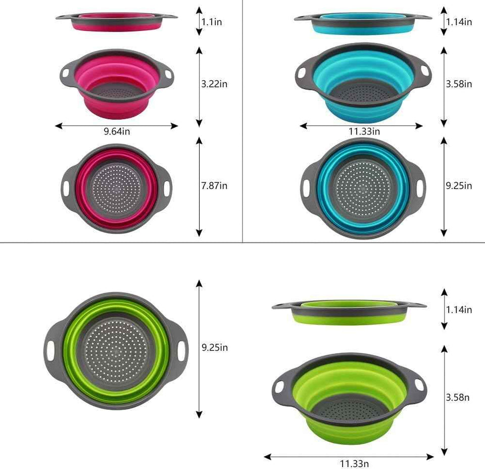 Qimh Collapsible Colander Set, 3-Piece Round Silicone Kitchen Strainer, 4-Quart & 2-Quart