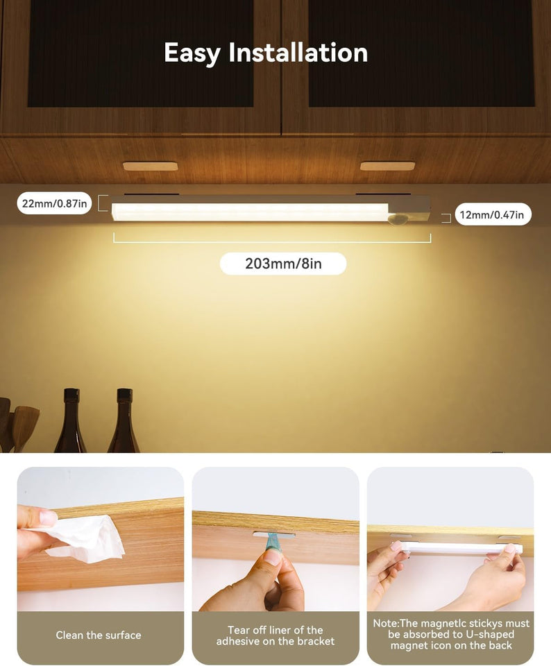 Under Cabinet Lighting 8 Inches Rechargeable Motion Sensor Light Indoor, 3 Color Dimmable Closet Light Battery Operated, USB Stick on LED Magnetic Under Counter Lights for Kitchen Stair, 3 Packs